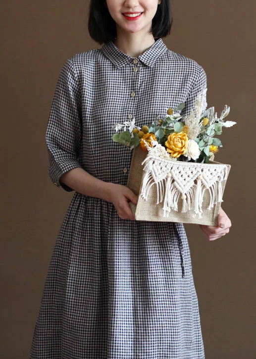 Fitted Navy Peter Pan Collar Cinched Plaid Linen Dresses Half Sleeve Modern Women's Tech