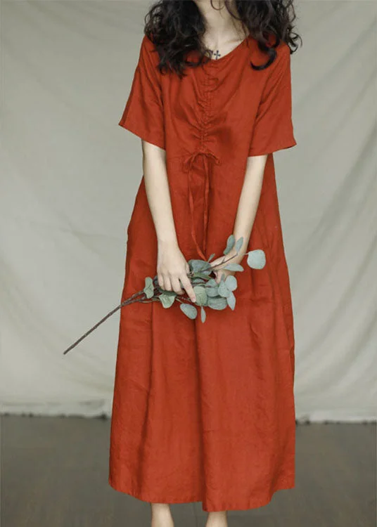 Fitted Orange O-Neck drawstring Linen Dresses Short Sleeve British Gentlewoman Style