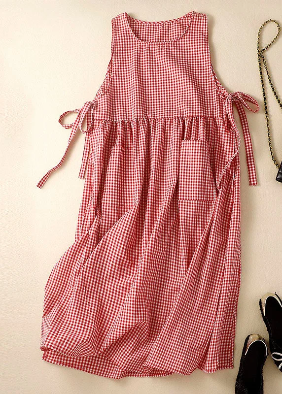 Fitted Red Side Open Pocket Plaid Linen Maxi Dresses Sleeveless Vintage Women's 1970S 