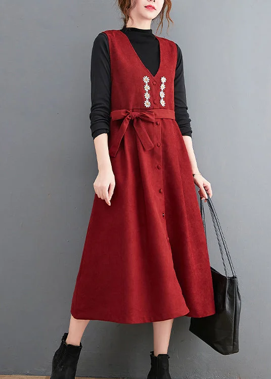 Fitted Red V Neck Embroideried Corduroy Long Dresses Sleeveless Elegant Women's Formal 