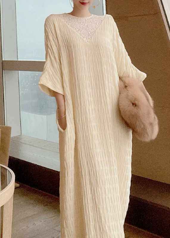 French Apricot O-Neck Lace Patchwork Silk Maxi Dresses Long Sleeve Minimalist Women's Casual