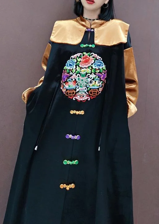 French Black Embroidery Tunic Stand Collar Patchwork Plus Size Spring Dresses Artistic Women's Hand - painted