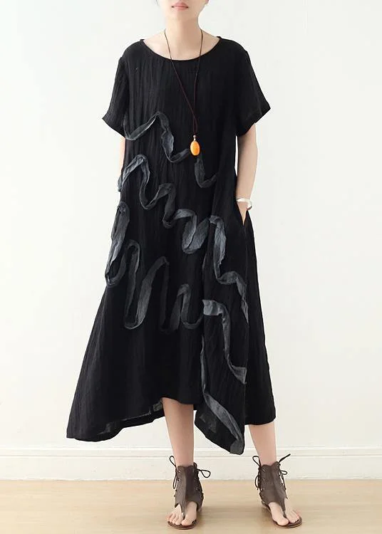 French Black Loose Linen Summer Dresses Feminine Women's Soft 