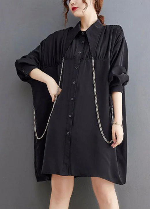 French Black Peter Pan Collar Patchwork Shirt Dresses Spring Casual Women's Loose - fitting