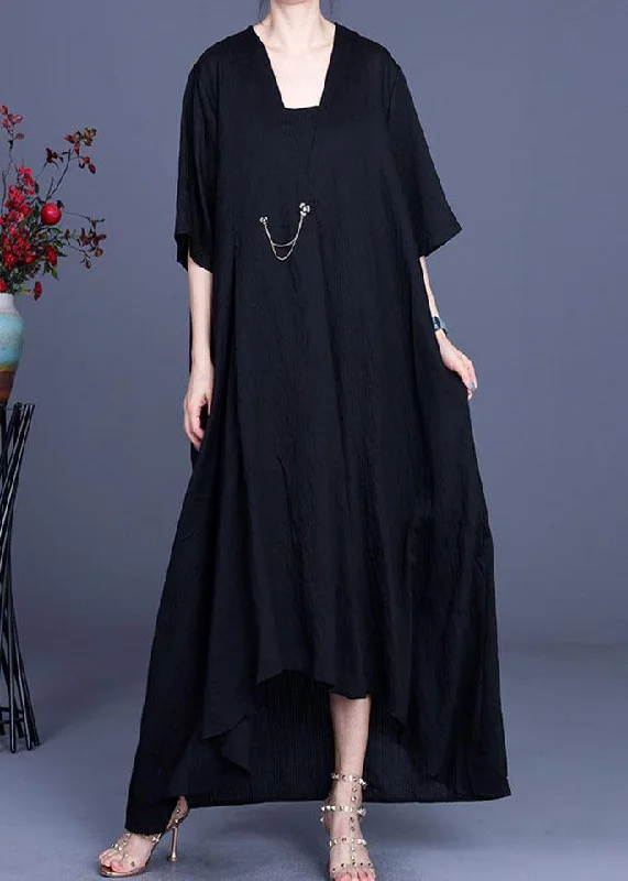 French Black V Neck asymmetrical design Dresses Summer Refined Women's Hand - crafted