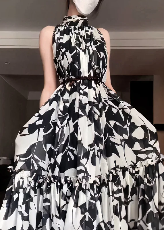 French Black White Turtleneck Print Tie Waist Vacation Long Dresses Sleeveless Earthy Women's French Black White Turtleneck Print Tie Waist Vacation Long Dresses Sleeveless Earthy Women's