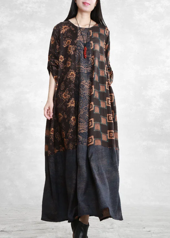 French Blue O-Neck Pockets Patchwork Long Dresses Long Sleeve Trendy Women's Oversized