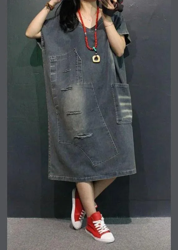 French Blue V Neck Pockets Hole Fall Half Sleeve Denim Vacation Dresses Laid - back Women's Vibe