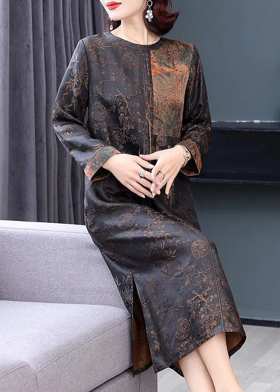 French Brown O-Neck Patchwork Side Open Silk Long Dresses Fall Cozy Women's Winter