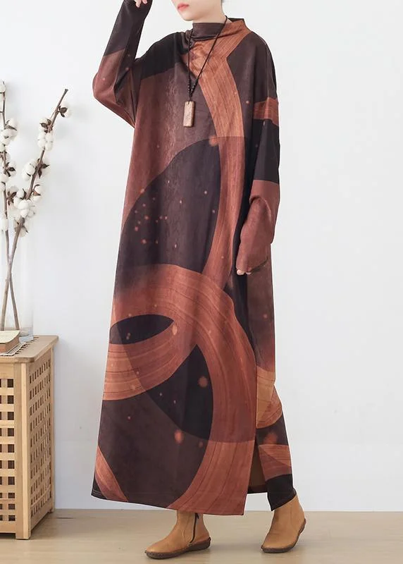 French brown priints cotton dresses loose waist  Art o neck Dress Earthy Women's Hemp - based