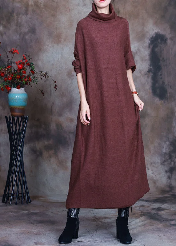 French Coffee Turtle Neck Knit Dresses Spring Cashmere