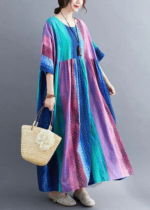 French Color Block Striped Print Loose Summer Vacation Dresses Half Sleeve Cool Women's Distressed