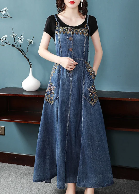 French Denim Blue Embroideried Button Pockets Cotton Spaghetti Strap Dresses Summer Unique Women's Upcycled