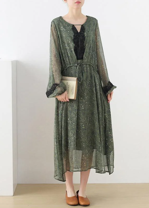 French Green Print Chiffon Patchwork Summer Vacation Dresses Stylish Women's Neon