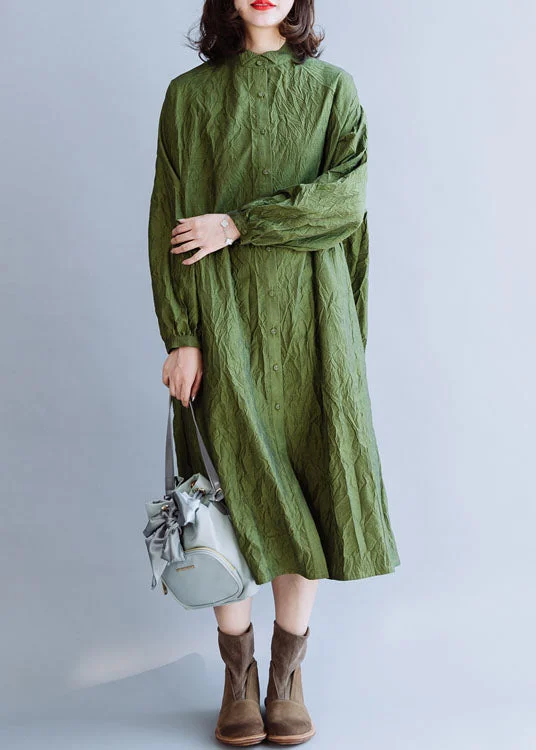 French Green Stand Collar Wrinkled Cotton Shirt Dresses Fall Polished Women's Silk