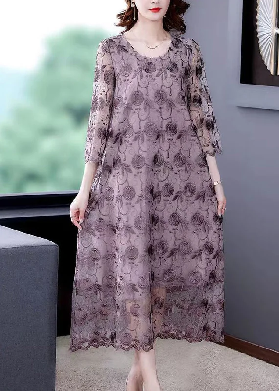 French Grey Purple O-Neck Embroidered Floral Tulle Dresses Three Quarter sleeve Elegant Women's 