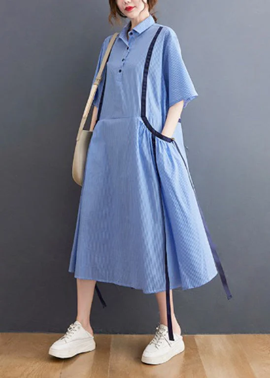 French Light Blue Peter Pan Collar Button Shirt Dresses Short Sleeve Tough Women's Military - inspired