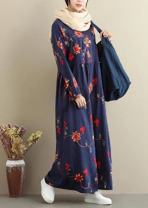 French Navy Embroidery Clothes Women O Neck Long Dresses Practical Women's Quick - dry