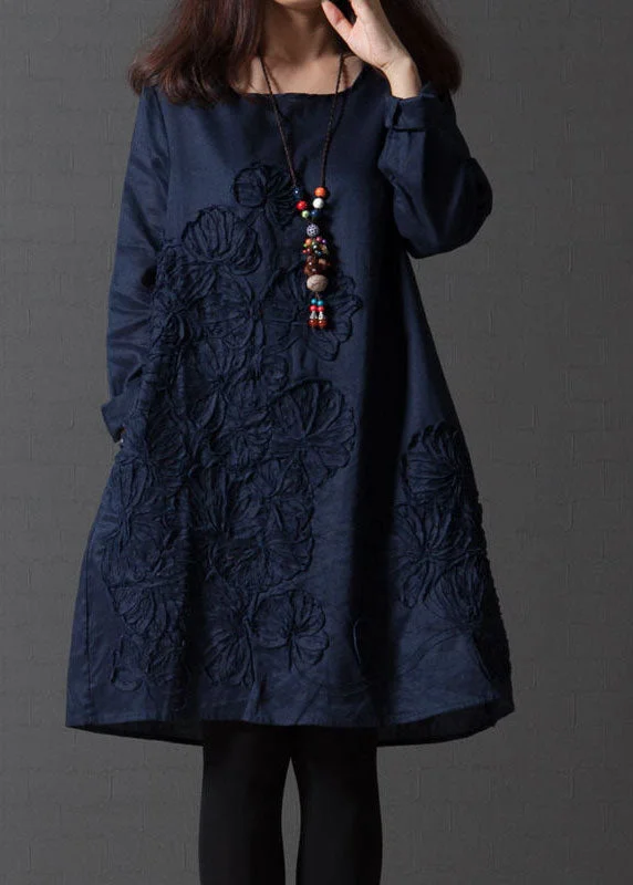 French Navy O-Neck Embroideried Linen Vacation Dresses Spring Hip Women's Urban