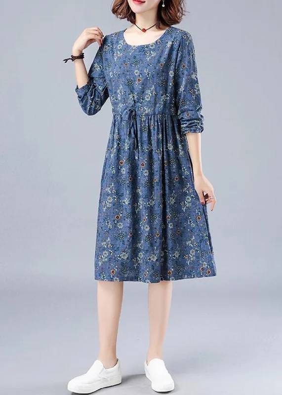 French O Neck Drawstring Spring Dresses Wardrobes Blue Print Dress Dapper Women's Bow - adorned