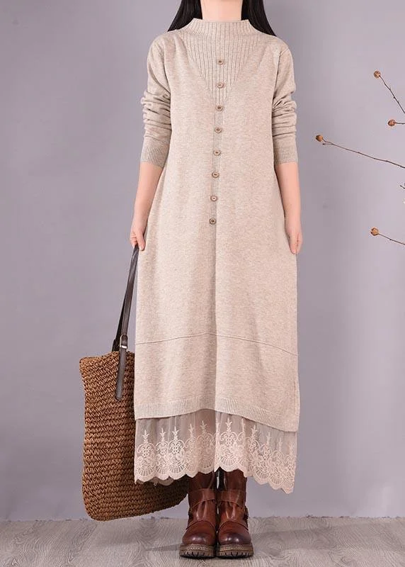 French O Neck Patchwork Lace Spring Clothes For Women Sewing Beige Robe Dresses Geometric