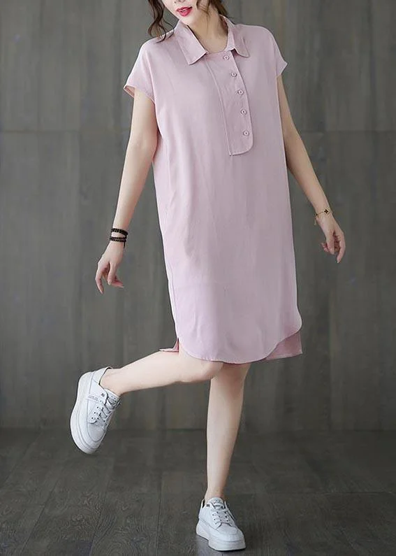 French Pink Peter Pan Collar Cotton Summer Robe Dresses Relaxed Women's 