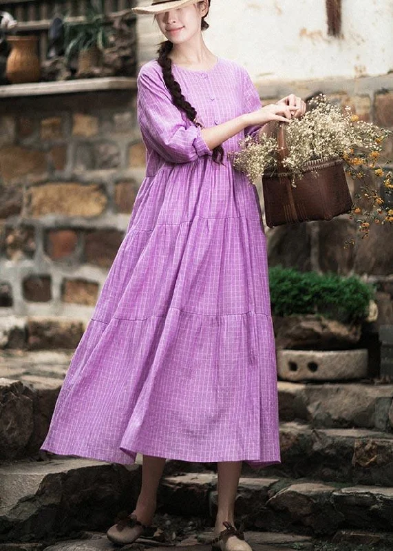 French Purple Plaid Clothes O Neck Patchwork Maxi Spring Dresses performance
