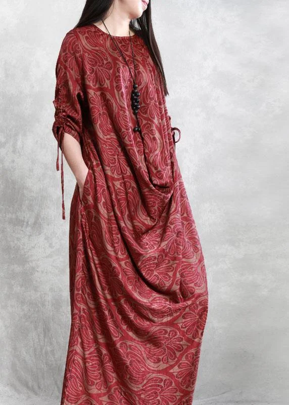 French Red Asymmetrical Design Button Fall Print Maxi Dresses Half Sleeve garde