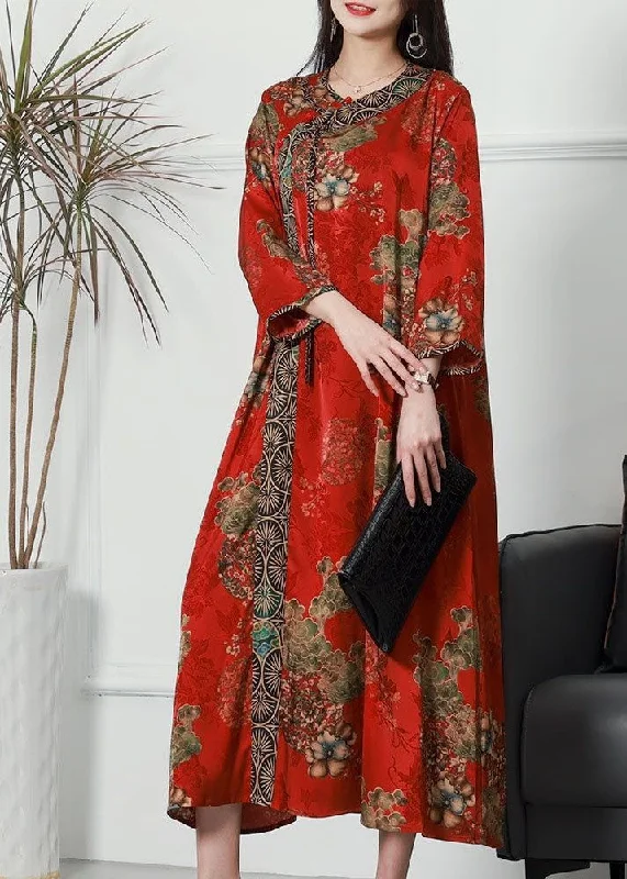 French Red Print Patchwork Tasseled Silk Dresses Spring Bold Women's Statement
