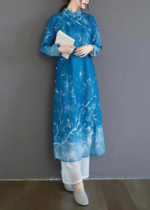 French Stand Collar Spring Dresses Design Blue Print Robes Dress Modern Women's 