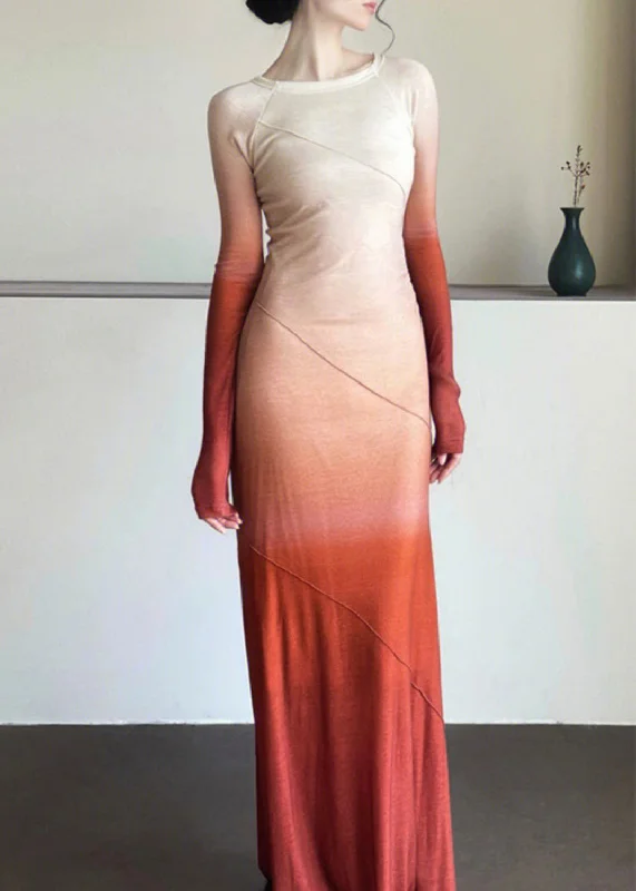 Gradient Color Orange O-Neck Slim Maxi Dresses Long Sleeve Sleek Women's 