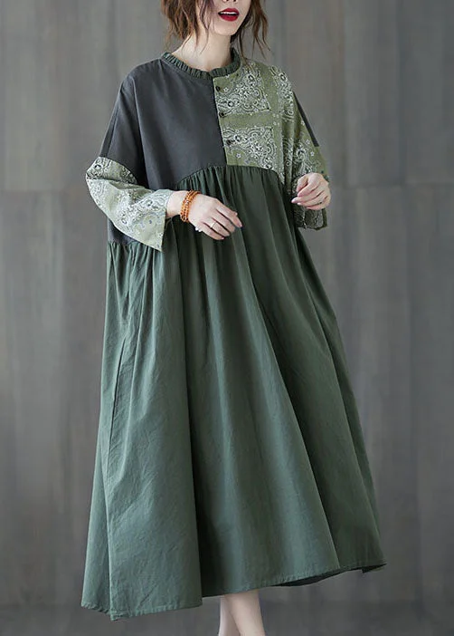 Green Patchwork Button Cotton Dresses Spring Luxurious Women's High -  end