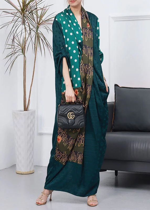 Green Patchwork Silk Ankle Dresses V Neck Wrinkled Spring Refined Women's Classic 