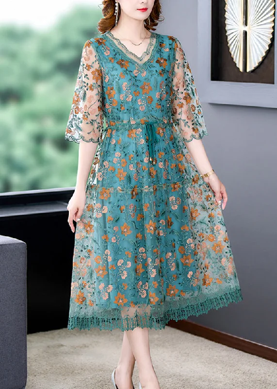 Green Patchwork Tie Waist Silk Maxi Dresses Summer British Gentlewoman Style