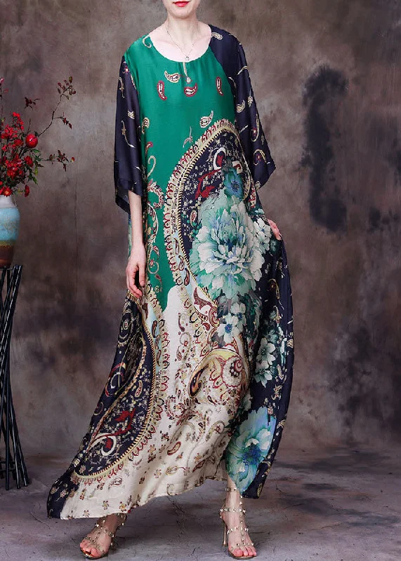 Green Print Silk Long Dresses Asymmetrical Deaign Half Sleeve Bohemian Women's Free