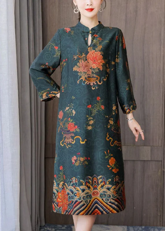 Green Side Open Silk Vacation Cheongsam Dresses Mandarin Collar Bracelet Sleeve Sophisticated Women's Green Side Open Silk Vacation Cheongsam Dresses Mandarin Collar Bracelet Sleeve Sophisticated Women's