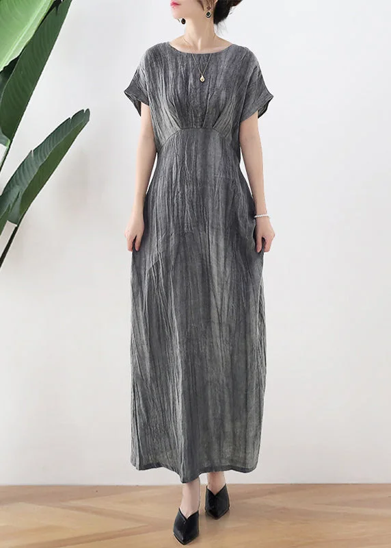 Grey Tie Dye Vintage Long Dresses Tie Waist Short Sleeve Casual Women's Japanese 