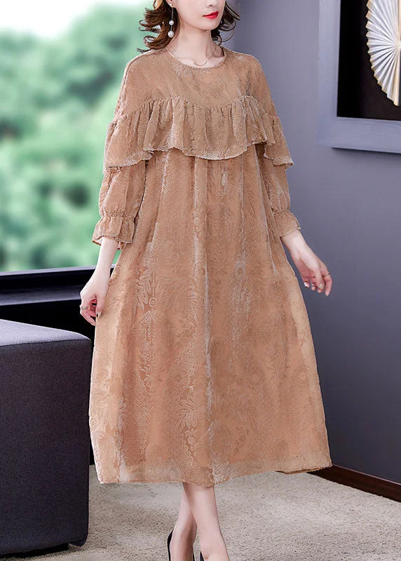 Handmade Apricot Jacquard Velour Vacation Dresses Spring Trendy Women's 