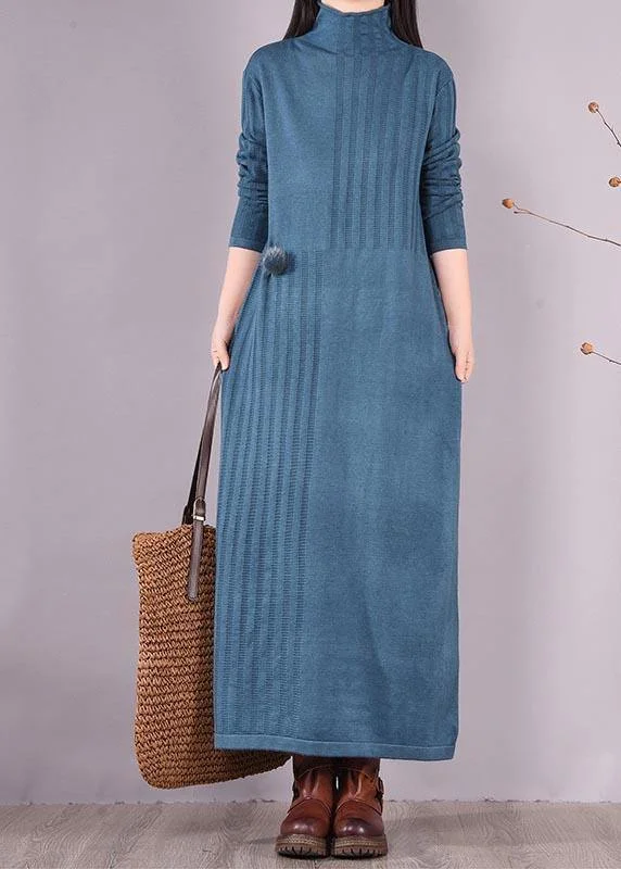 Handmade Blue Dresses High Neck Long Spring Dresses Traditional Women's 