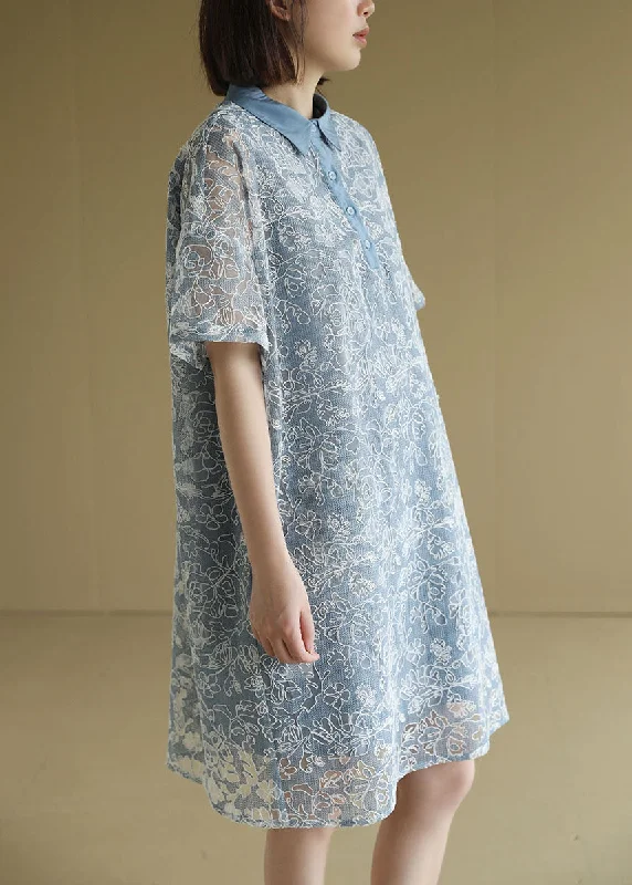 Handmade Blue Peter Pan Collar Embroideried Lace Shirt Dresses Short Sleeve French Handmade Blue Peter Pan Collar Embroideried Lace Shirt Dresses Short Sleeve French