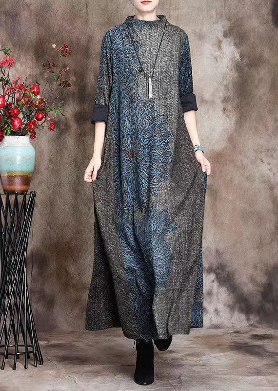 Handmade Blue Print Stand Collar Cashmere Vacation Dresses Long Sleeve Gym