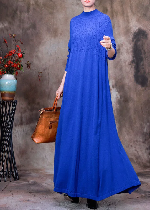 Handmade Blue Stand Collar slim fit Knit Long Dresses Spring Feminine Women's Style 