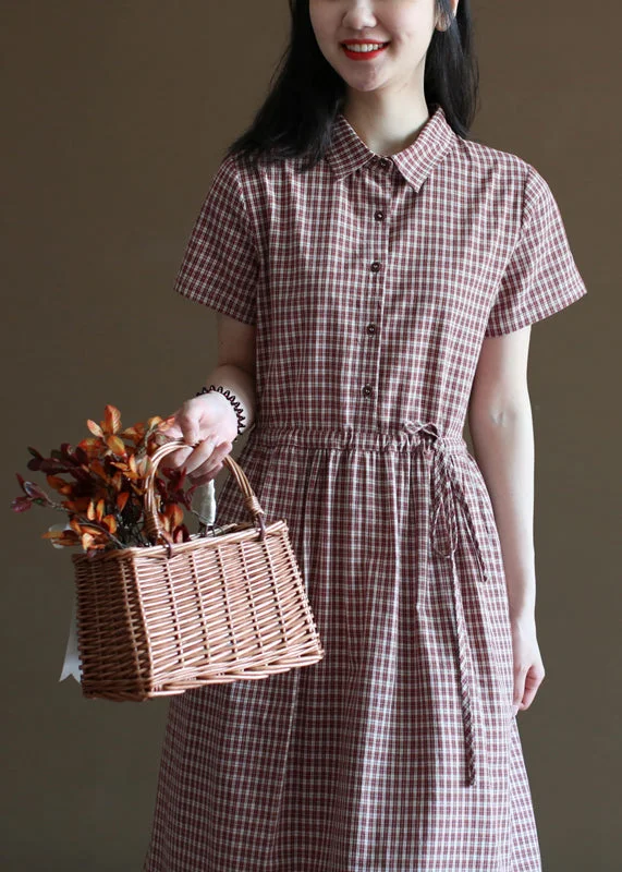 Handmade Brick Red Plaid Drawstring Peter Pan Collar Cotton Vacation Dresses Short Sleeve Edgy Women's Punk