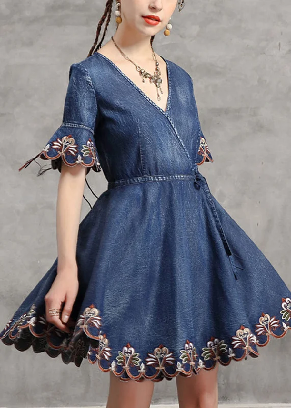 Handmade Denim Blue V Neck Embroideried Tie Waist Cotton Mini Dresses Short Sleeve Laid - back Women's Style Handmade Denim Blue V Neck Embroideried Tie Waist Cotton Mini Dresses Short Sleeve Laid - back Women's Style