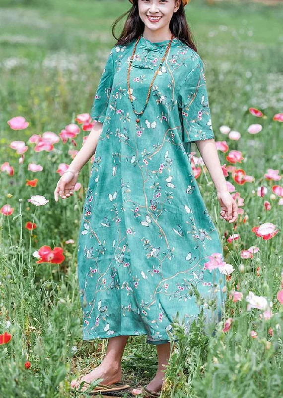 Handmade Green Print Dresses Stand Collar Short Sleeve Plus Size Spring Dress Vintage Women's 1970S Handmade Green Print Dresses Stand Collar Short Sleeve Plus Size Spring Dress Vintage Women's 1970S