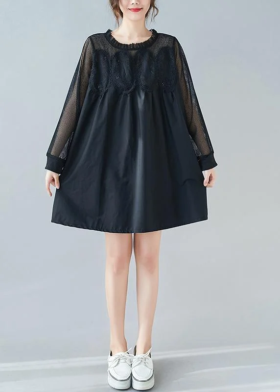 Handmade O Neck Patchwork Lace Dresses Shape Black Dresses Elegant Women's Formal 