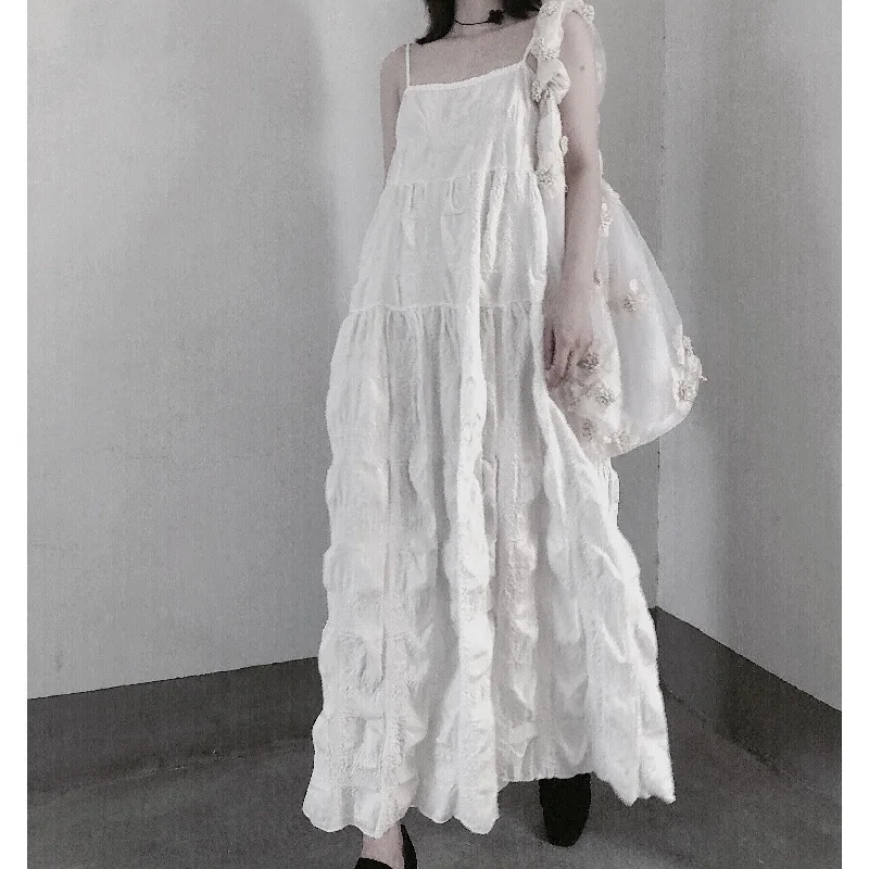 Handmade Spaghetti Strap Wrinkled Dresses Fabrics White Art Dress Adventure