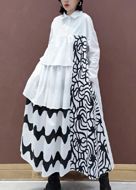Handmade White Print Quilting Clothes Lapel Asymmetric Loose Spring Dresses Preppy Women's College Handmade White Print Quilting Clothes Lapel Asymmetric Loose Spring Dresses Preppy Women's College