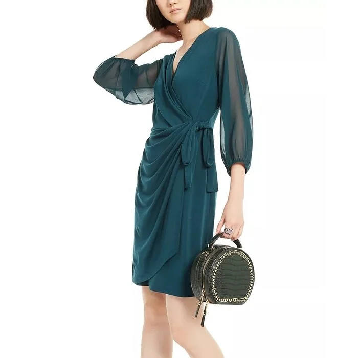 INC International Concepts Women's Balloon-Sleeve Wrap Dress Med Green Size X-Large