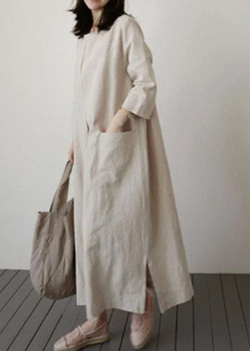 Italian Beige Cinched side open Linen Robe Dresses Spring Cozy Women's Sherpa - lined Italian Beige Cinched side open Linen Robe Dresses Spring Cozy Women's Sherpa - lined